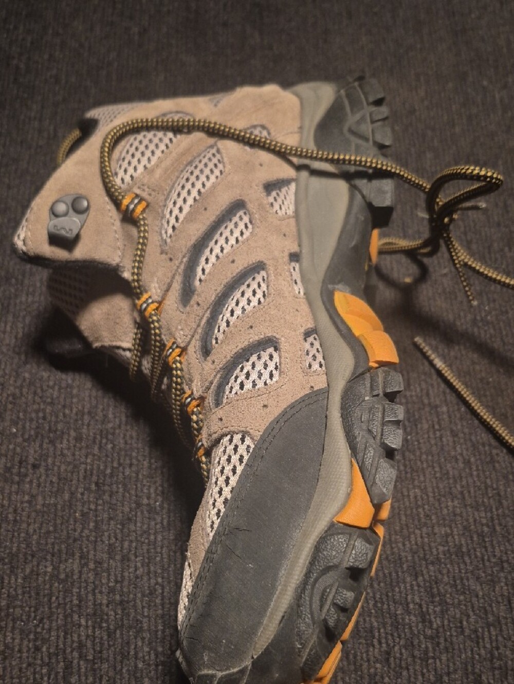Merrell Taupe and Black Hiking Boots with Yellow Accents - Picture 7 of 9
